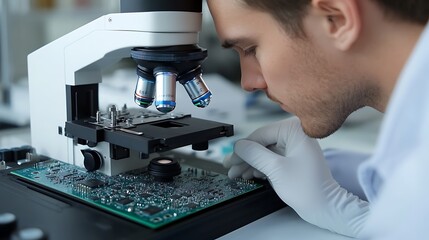 A technician inspecting soldered connections on a motherboard under a digital microscope, every detail visible in high clarity,