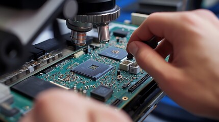 A technician inspecting soldered connections on a motherboard under a digital microscope, every detail visible in high clarity,