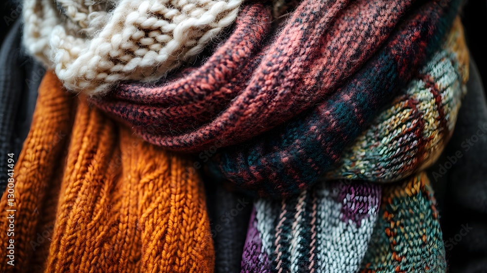 Poster a curated selection of trendy scarves layered with vibrant colors patterns and textures creating a s