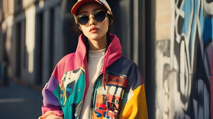 Fototapeta premium A creative urban look featuring layered graphic swe showcasing a stylish woman in a colorful jacket and sunglasses in a vibrant city street setting