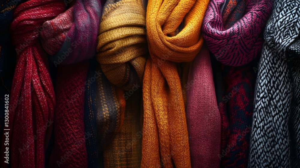 Poster a curated selection of trendy scarves layered with vibrant colors intricate patterns and stylish des