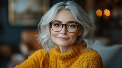Portrait of a middle-aged woman, a woman with glasses and an orange sweater