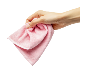 Hand holding a pink cleaning cloth for effective dusting and polishing during household cleaning tasks at home, cut out