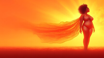 Plus-size woman in flowing fabric at sunset