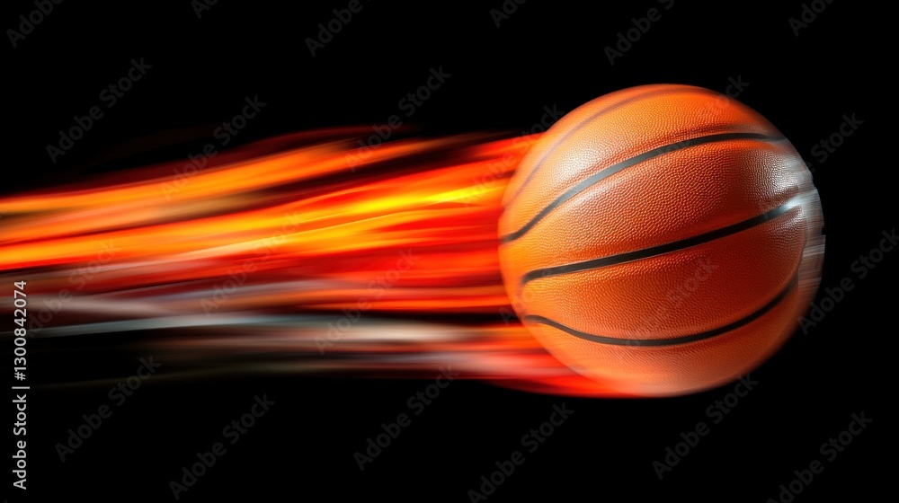 Poster a basketball in motion, depicted with dynamic speed lines and a fiery effect.