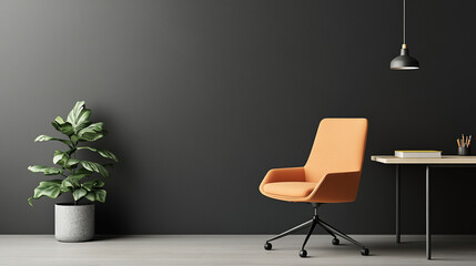 Education student success concept. Modern workspace featuring an orange chair, desk, lamp, and a plant against a dark wall.