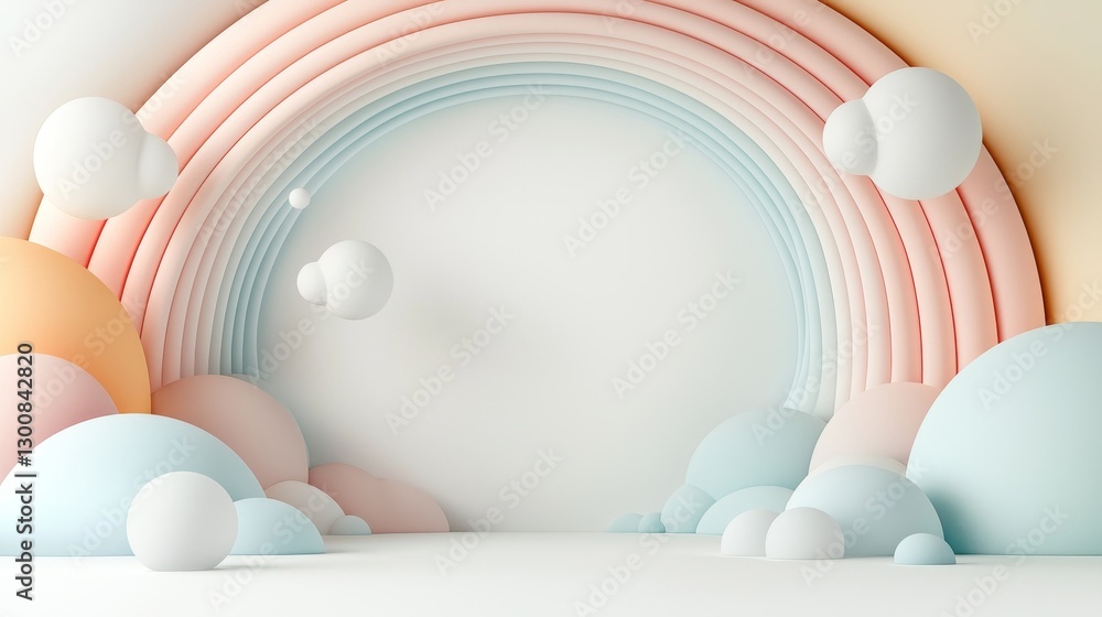 Poster abstract pastel landscape curves with clouds and child elements in soft background