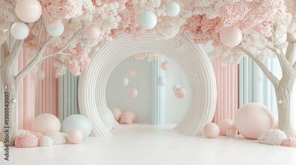 Poster abstract landscape with pastel curves and childlike elements enchanting background soft environment 