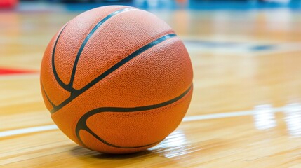 A basketball resting on a polished wooden court surface.
