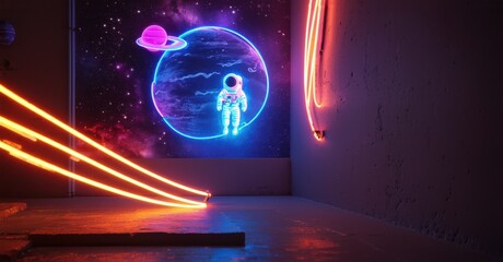 Neon sign space vibes floating astronaut glowing planet trails deep cosmic galaxy backdrop bright colorful realistic photo