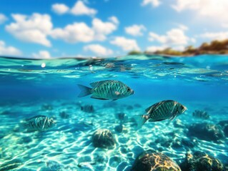 Obraz premium Underwater world of a vibrant tropical bay with playful fish swimming among coral formations. Generative AI