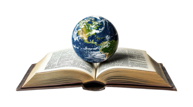 Knowledge and exploration represented by an open book with a globe on top showcasing Earth’s continents and oceans, cut out