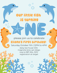 Birthday invitation card vector template. Sea birthday Party theme with fishes and other elements.