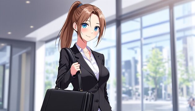 An anime-style woman with long brown hair and blue eyes, dressed in a black suit jacket and white blouse, holding a briefcase, set against a blurred background of a room with large windows.