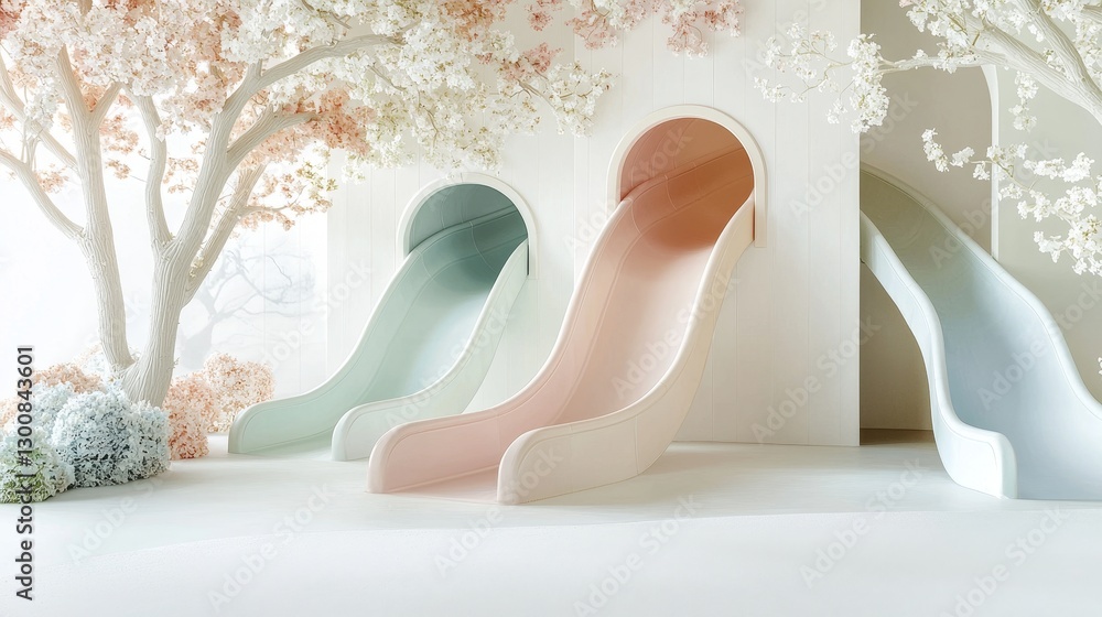 Poster pastel landscape with curved slides for children abstract background soft environment playful viewpo