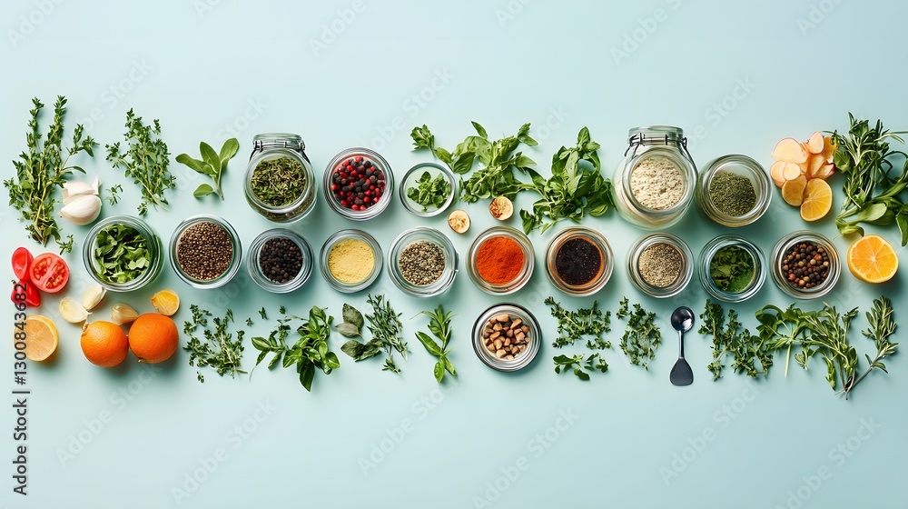 Poster a visually appealing flat lay arrangement of a variety of different types of spices and herbs displa