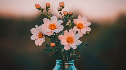 Minimalist floral still life of white chrysanthemums in a crystal vase with morning dew, set against a dark moody background with soft mist and dramatic lighting.