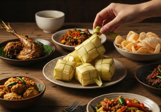 Ketupat (Rice Dumplings) Set in a Table. Ketupat is a natural rice sleeve made from young coconut leaves to cook rice during Eid al-Fitr.
