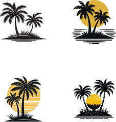 Fototapeta premium A tropical beach scene with two black silhouette palm tree
