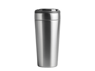 A sleek stainless steel travel mug with a matte finish, placed upright on a solid white background, isolated in PNG format, ideal for beverage, travel, and lifestyle designs.


