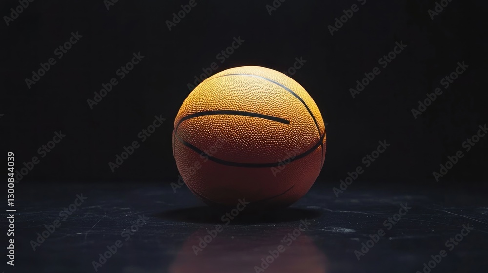 Poster a close-up view of a basketball on a dark surface, emphasizing its texture and shape.