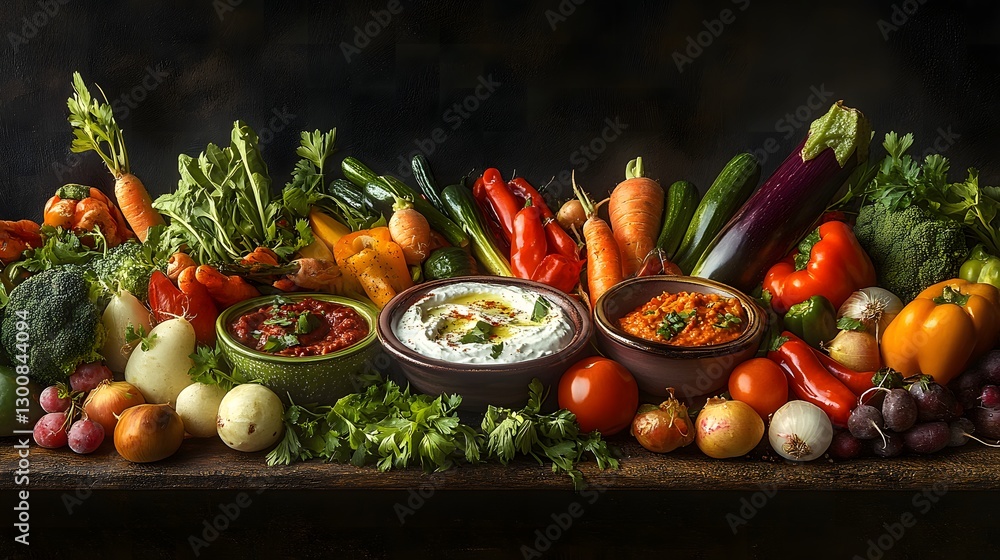Poster An artistic arrangement of a vegetable plat featuring colorful fresh vegetables on a rustic table setting perfect for healthy dining and presentation