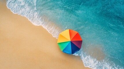 Obraz premium Colorful umbrella on sandy beach at ocean waves