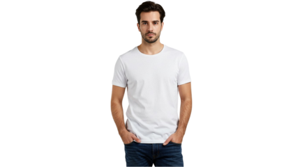 Man in white tshirt and jeans hands in pockets casual style simple design clean background mockup template
