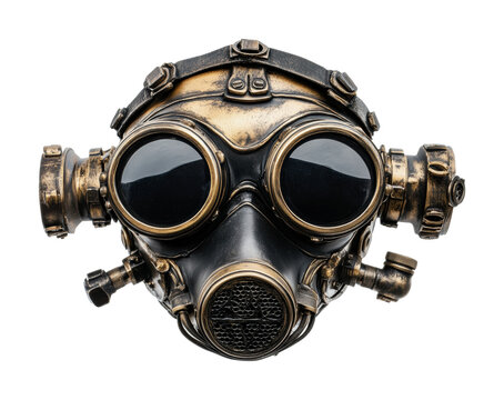 Creative design of a vintage style gas mask used for cosplay, fashion, or themed events, showcasing intricate details and craftsmanship, cut out