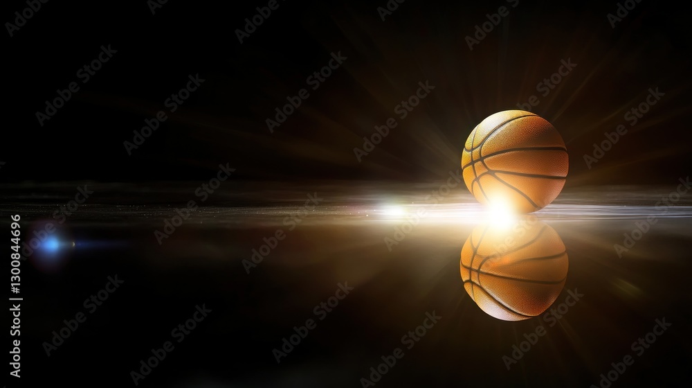 Aufkleber a reflective basketball on a dark background with light rays emanating from it.