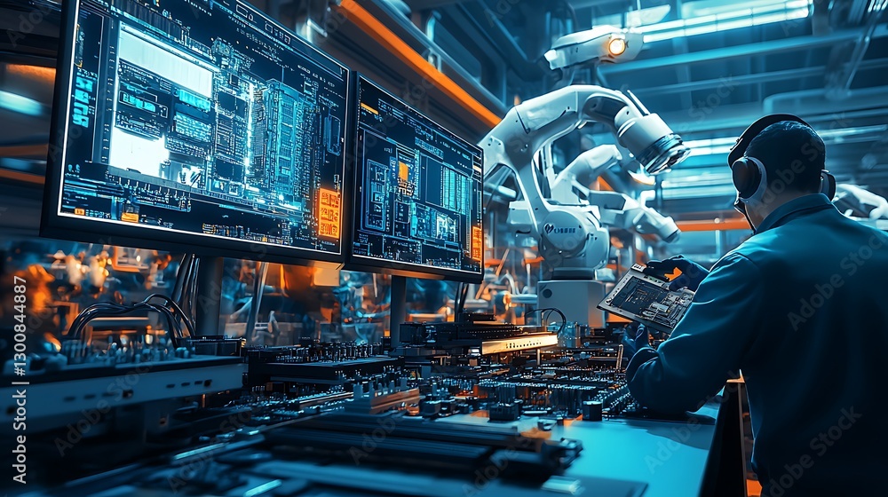 Poster a vibrant scene of technicians monitoring the motherboard assembly process on large screens, with ro