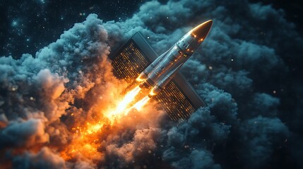 Obraz premium Rocket Launching from Laptop Screen, A digital illustration of a rocket launching from a laptop screen, symbolizing innovation and technology