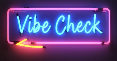 Fototapeta premium Neon sign vibe check floating magic eight ball glowing answers inside soft pulsating light bright colorful realistic photo