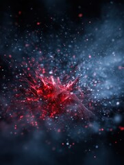 Abstract explosion of red light and particles against a dark background, energy burst concept