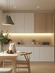 White fluffy cat and decorative items in a kitchen interior