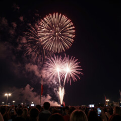 Vibrant fireworks display, colorful bursts lighting up the night sky, festive atmosphere, perfect for celebrations and gatherings.