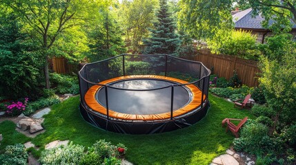 Backyard trampoline, lush garden, sunny day