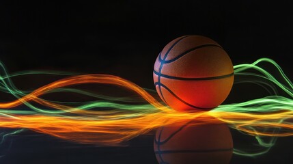 A basketball illuminated by vibrant light trails, emphasizing motion and energy.