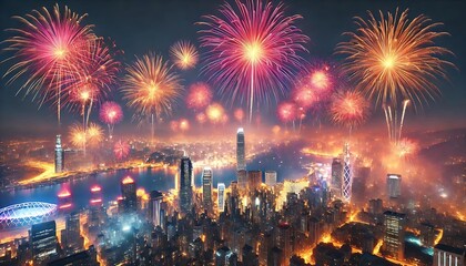 Colorful Fireworks Illuminate the Urban Night Sky