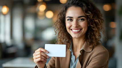 Smiling professional holding a business card.