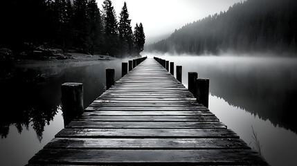 Obraz premium A wooden bridge spans a body of water, with fog in the background. generated using AI