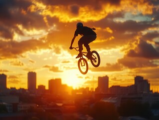 Obraz premium BMX rider defies gravity at sunset against a stunning urban skyline backdrop. Generative AI