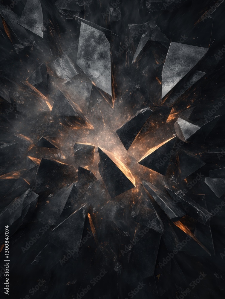 Poster abstract shattered rock formation with orange glow emanating from center with dark color scheme