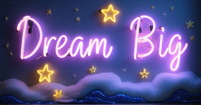Neon sign dream big glowing stars floating cosmic waves inspiring radiant soft glow bright colorful realistic photo