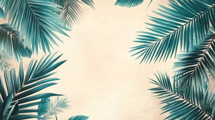 Teal palm leaves frame on beige background.