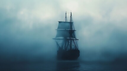 Sailing ship in dense ocean fog
