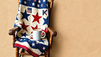 Patriotic Star Quilt on Rocking Chair with Coffee