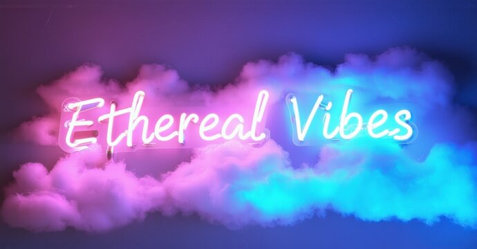 Neon sign ethereal vibes glowing celestial clouds soft light streaks otherworldly glow bright colorful realistic photo
