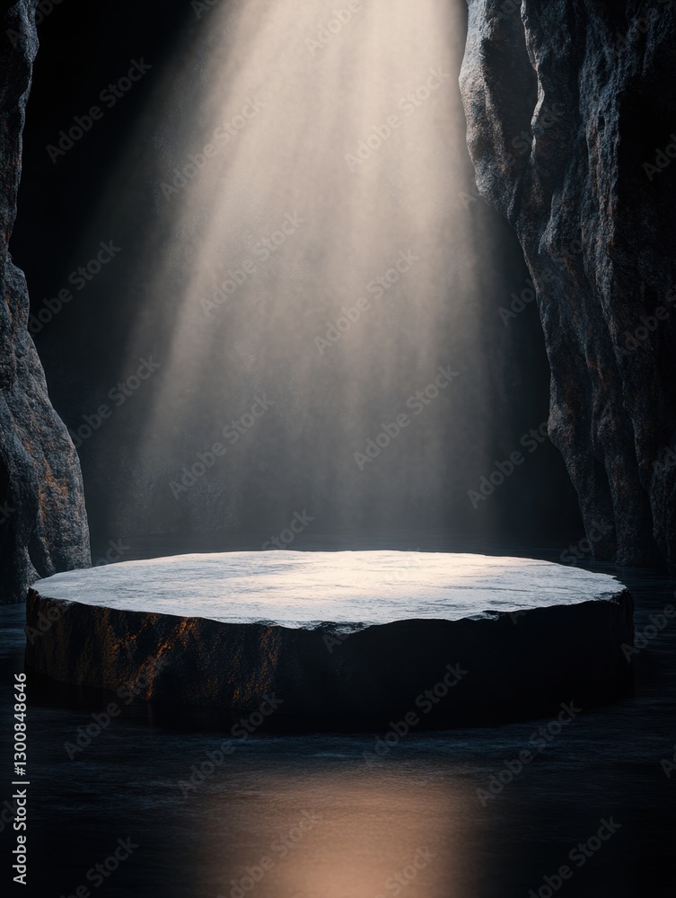Poster isolated rock platform with spotlight in cave, product display platform with room for text