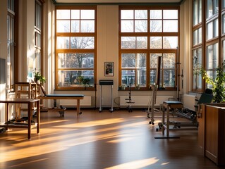 Spacious physiotherapy room filled with natural light, offering an inviting atmosphere for recovery and rehabilitation activities. Generative AI